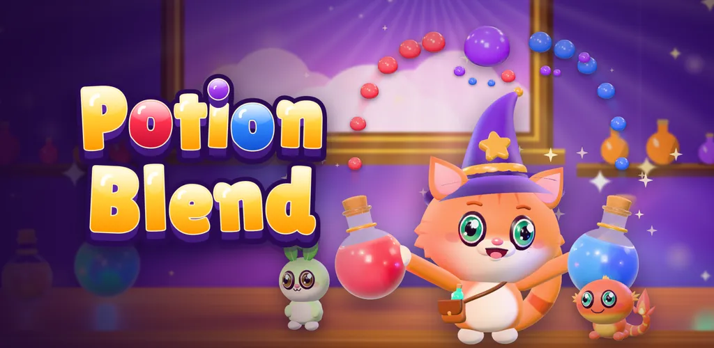 Potion Blend: elinde kırmızı ve mavi iksir tutan simyacı kedi Tarçın, havada uçuşan renkli damlalar