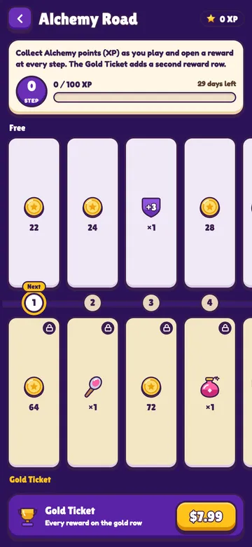 Alchemy Road: the free and the Gold Ticket reward rows
